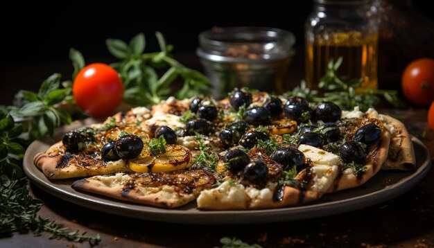Foto freschezza su un tavolo di legno pizza gourmet fatta in casa alimentazione sana generata dall'intelligenza artificiale