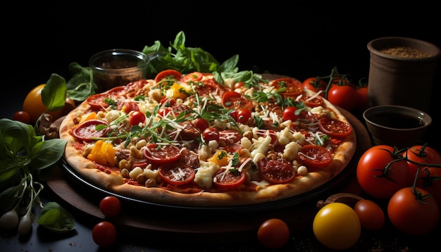 Freshness on a wooden table homemade pizza with mozzarella and tomato generated by artificial intelligence