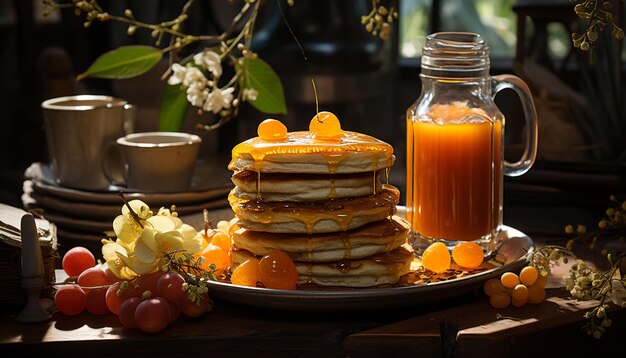 Freshness on a wooden table pancake stack with homemade syrup generated by artificial intelligence