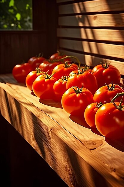 FreshPicked Tomatoes on Rustic Wooden Shelf Perfect for Summer Displays