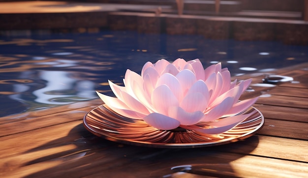 Freshwater lotus flower on a wooden deck with stone