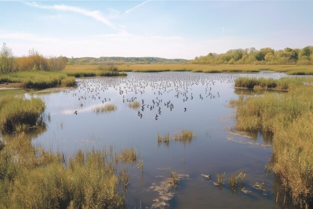 Foto palude d'acqua dolce con uccelli e altri animali selvatici visibili creati con intelligenza artificiale generativa