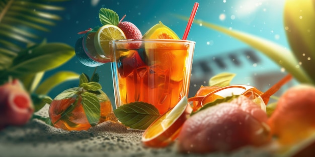 Photo freshy fruit juice background with various fruits summer festive time generative ai