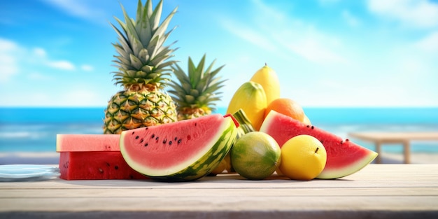 トロピカルビーチの青い空を背景に新鮮な果物のスイカとパイナップル生成AI