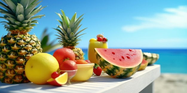 Photo freshy fruits watermelon and pineapple on tropical beach blue sky background generative ai