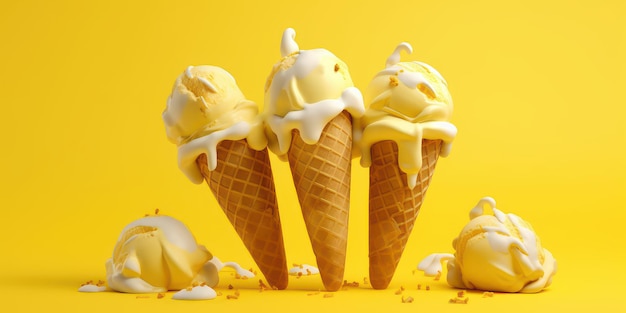 Свежее мороженое на желтом фоне Generative Ai
