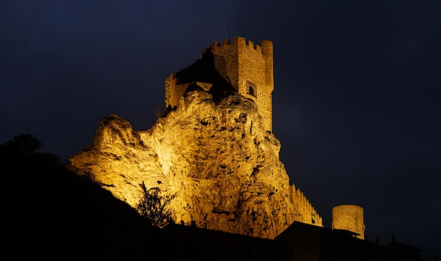 Frias city at night Medieval castle and illuminated houses In Burgos Castilla y Leon Spain