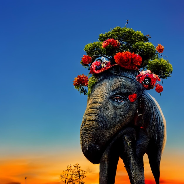 Frida kahlo on a big elephant with trees in the background very detailled sunrise artstation 8k