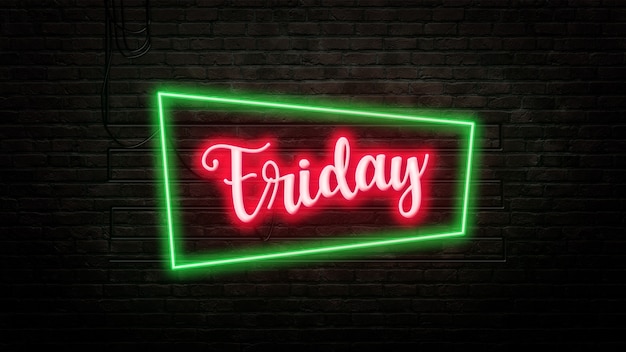 Friday sign emblem in neon style on brick wall background