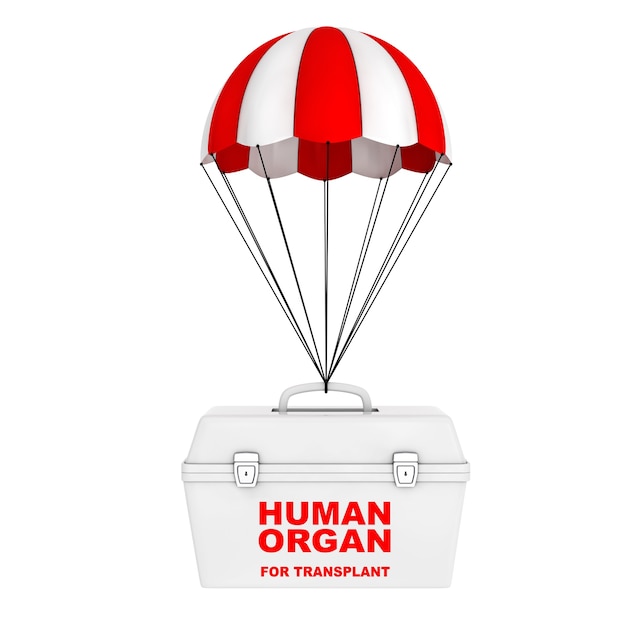 Fridge Box for transporting Human Donor Organs flying on Red and White Parachute on a white background. 3d Rendering.