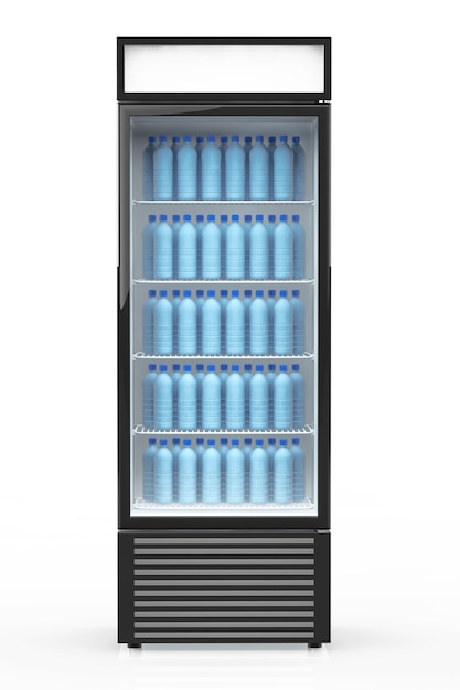 Frigo drink con bottiglie d'acqua su sfondo bianco