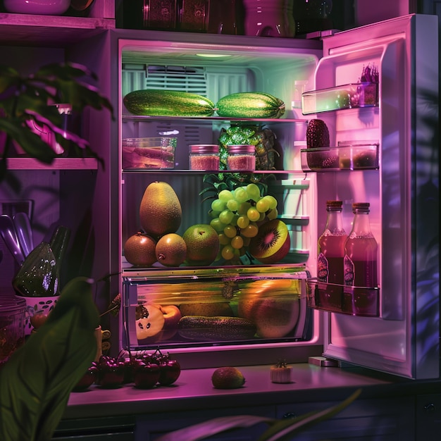 a fridge with a purple light and the inside of it