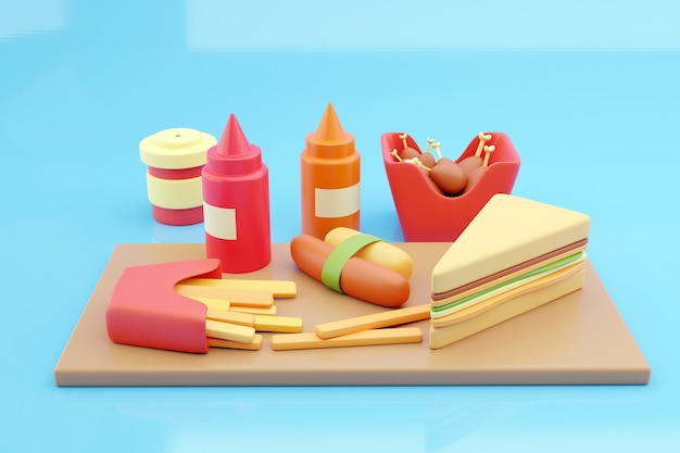 Frie, hot dogs and soft drinks on an blue background.-3d rendering.