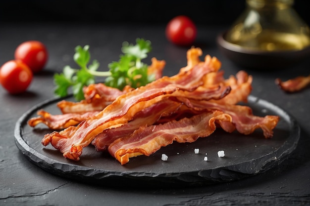 Photo fried bacon on black stone table