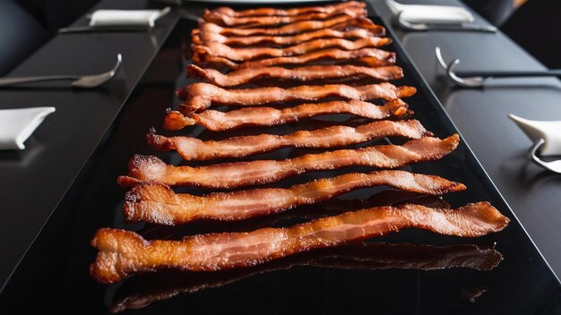 Fried bacon on black table