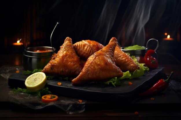 Photo fried baklava with lemon and spices on a black background