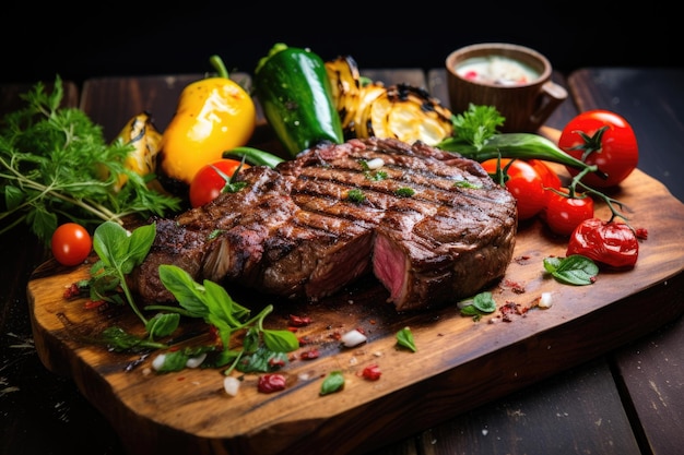 Fried beef steak with grilled vegetables served on a wooden board