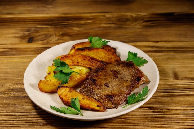 Photo fried beef steak with potato wedges on wooden table