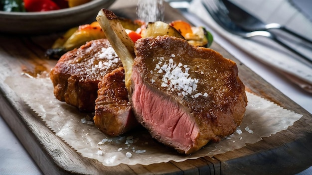 Fried beef steak on wooden board