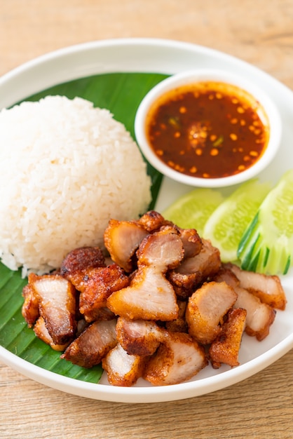 fried belly pork with rice with spicy sauce in Asian style