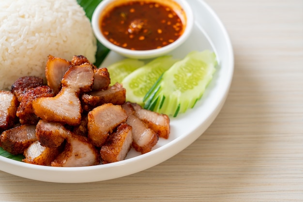 fried belly pork with rice with spicy sauce in Asian style