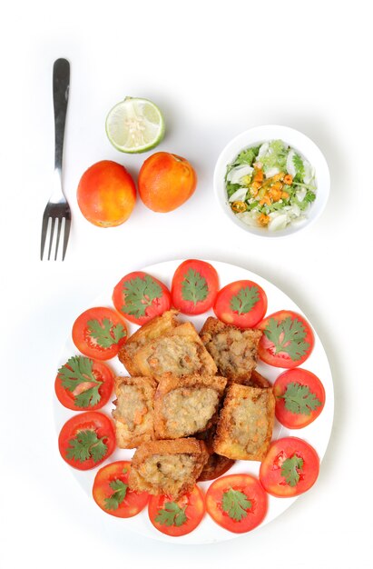 Fried bread with minced pork spread on white 