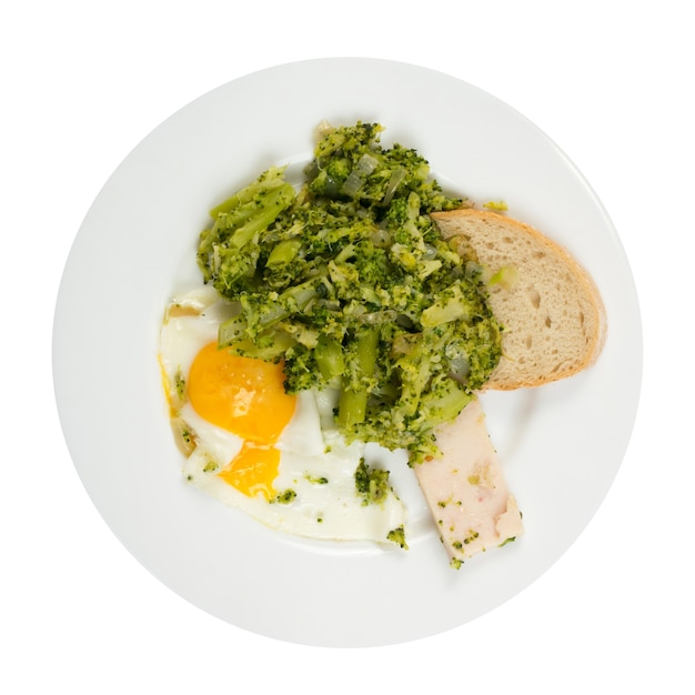 Fried broccoli with egg and sausage on white plate isolated. Top view