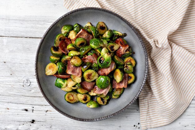 Fried Brussels sprouts with bacon