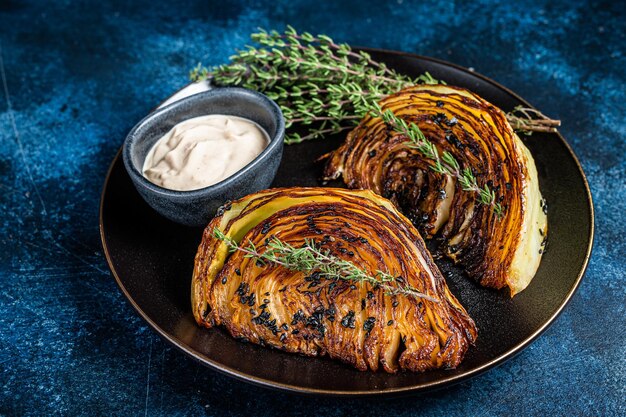 Fried cabbage steaks with sauce on a black plate Blue background Top view