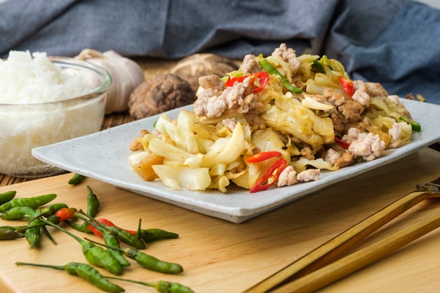 Fried Cabbage with chicken and rice 