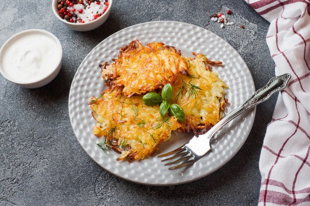 Fried cakes of grated potatoes on the plate with sauce, Traditional pancakes boxty raggmunk