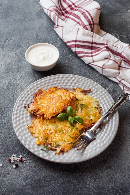 Fried cakes of grated potatoes on the plate with sauce, Traditional pancakes boxty raggmunk