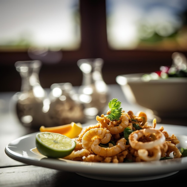 Photo fried calamares with rice restaurant background