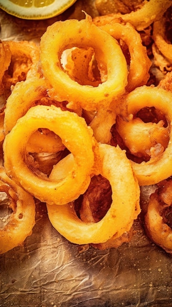 Fried calamari rings on a plate with lemon Toned