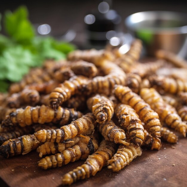 Fried caterpillar insect larvae unusual Asian food closeup