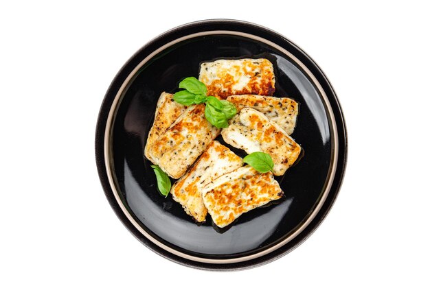 fried cheese halloumi basil meal food snack on the table copy space food background rustic top view