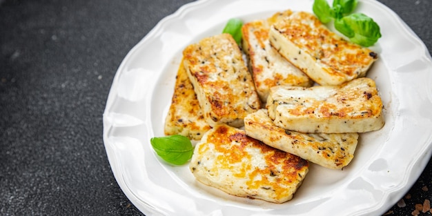 fried cheese halloumi basil meal food snack on the table copy space food background rustic top view