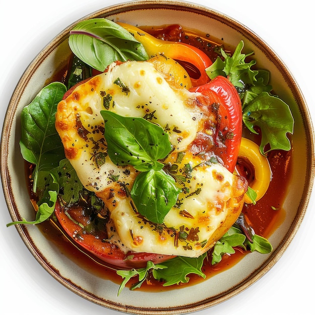 Photo fried cheese sweet pepper green leaves of lettuce and arugula in tomato sauce capsicum peppers