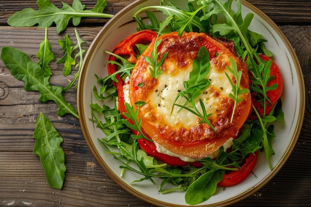 Photo fried cheese sweet pepper green leaves of lettuce and arugula in tomato sauce capsicum peppers