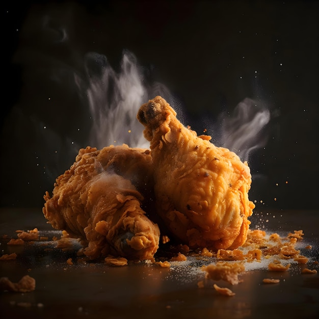 Photo fried chicken on a black background with splashes of water