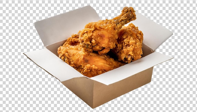 Fried chicken in a cardboard box isolated on a transparent background