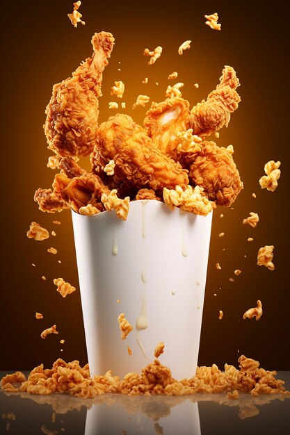 Fried chicken crispy tenders breast crunchy pieces fall into the bucket generated by ai