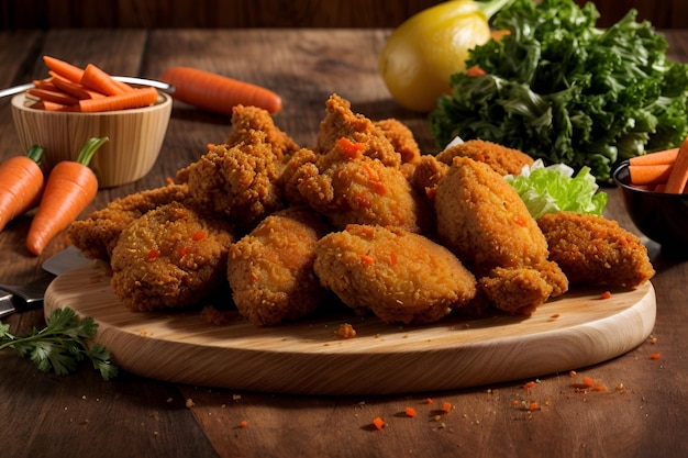 fried chicken on a cutting board with carrots and lettuce