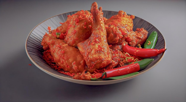 Fried chicken drumsticks in a plate with chili pepper on gray background