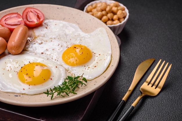 Fried chicken eggs sausages cherry tomatoes chickpeas spices salt and herbs