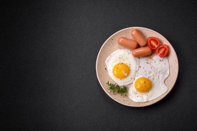 Fried chicken eggs sausages cherry tomatoes chickpeas spices salt