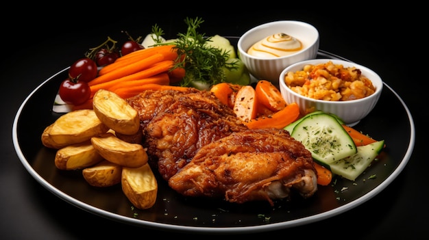 Fried chicken fillet and boiled vegetables barbecue
