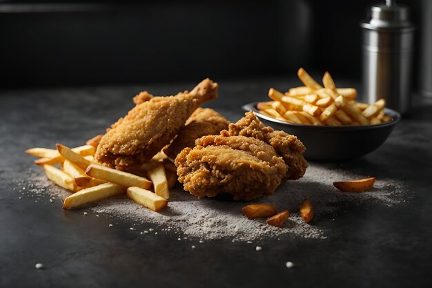 Fried chicken and french fries on black cement floor