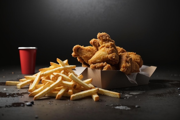 Fried chicken and french fries on black cement floor