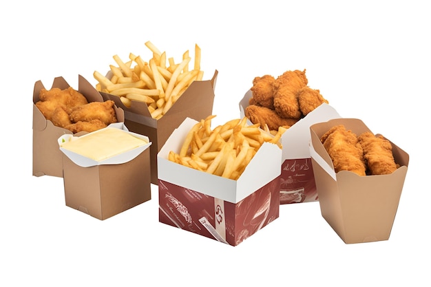 Photo fried chicken and french fries in a box delivery foods isolated on white ai generate